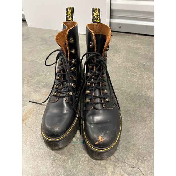 Doc Martens Leona Platform Combat Leather Boots •Women 37/US 6 Chunky Heel Black - Picture 3 of 5